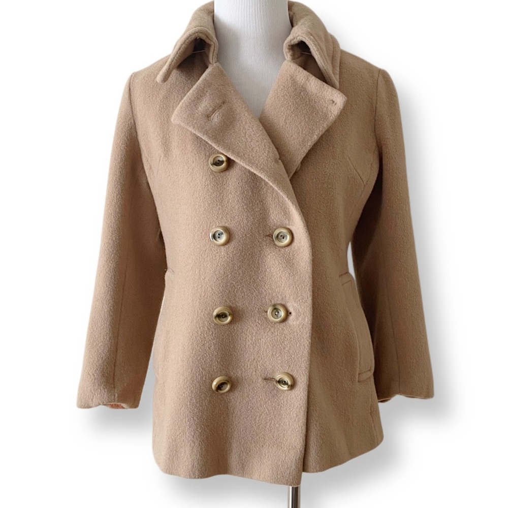 Neiman Marcus, Women’s Small, Vintage 70s Tan Wool Pea Coat with Copper Lining - Picture 3 of 9